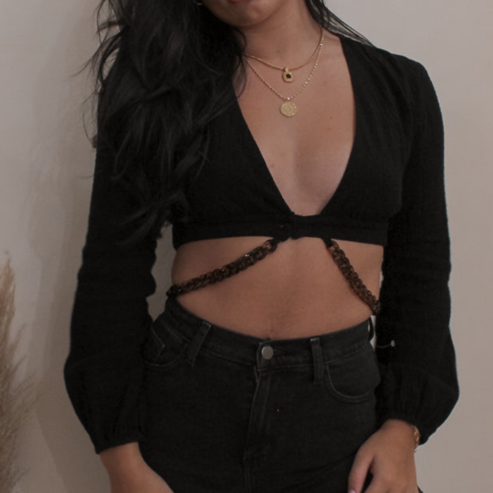 Black Linen Long Sleeve Top With Chain Waist Detail